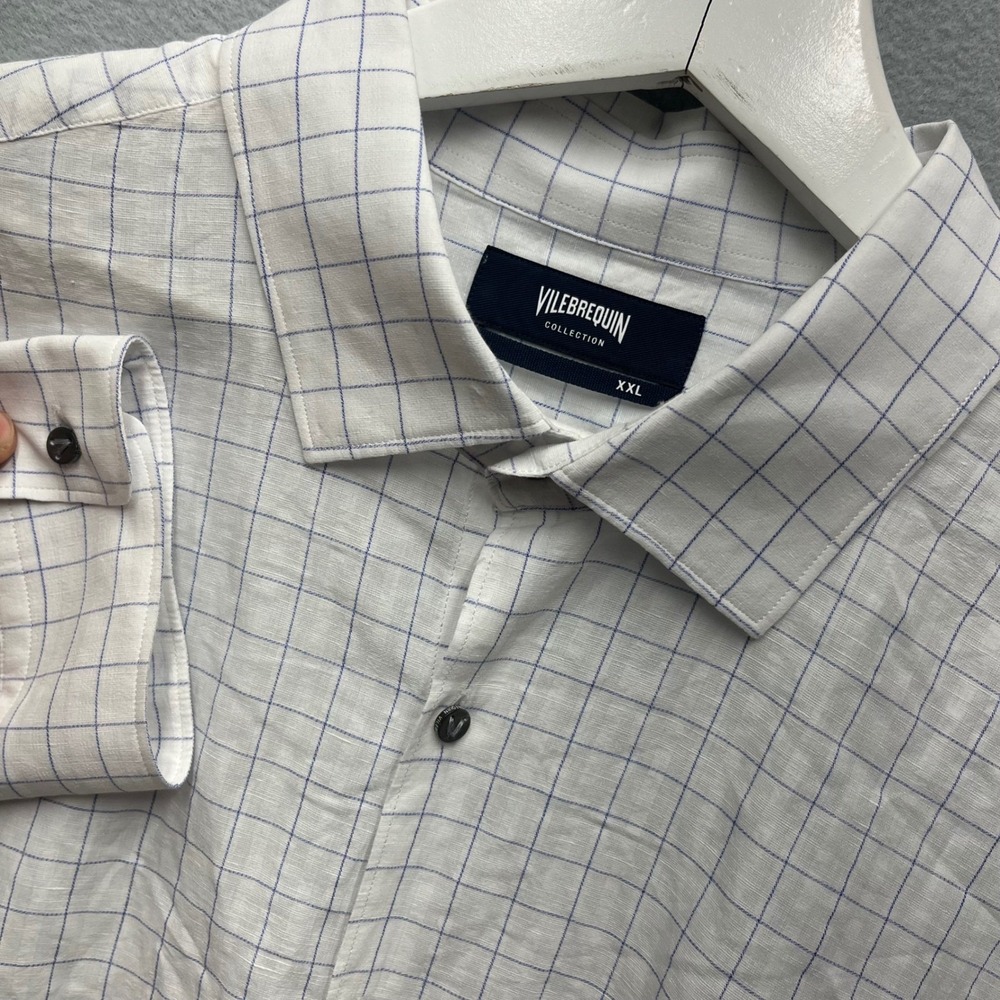 Vilebrequin Mens XXL White Blue Windowpane Cotton Linen Shirt Long Sleeve